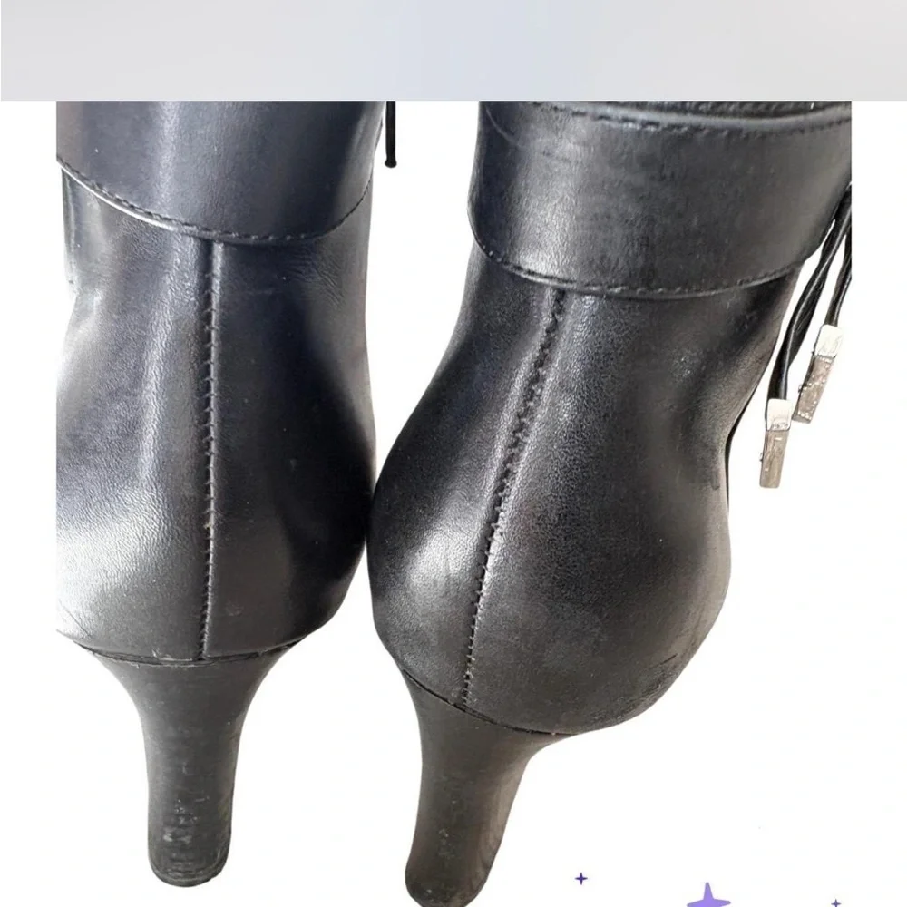 Lauren Ralph Lauren Black Leather Ankle Boots Block Heel Logo Strap Booties 7.5